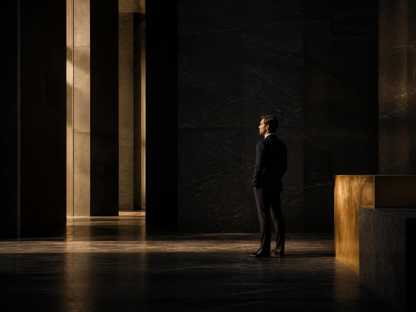 A man standing alone in a quiet stone hall